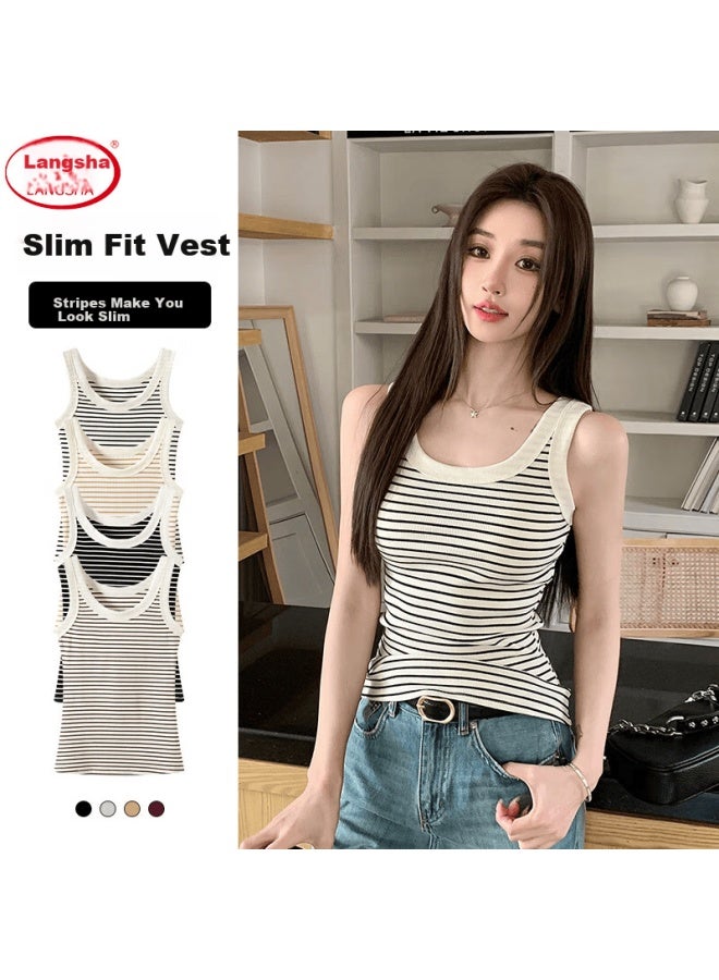 LANG SHA Langsha Women's Striped Slim Fit Vest New Sleeveless Knit U-neck Tank Top Trendy Layering Shirt - Image 1