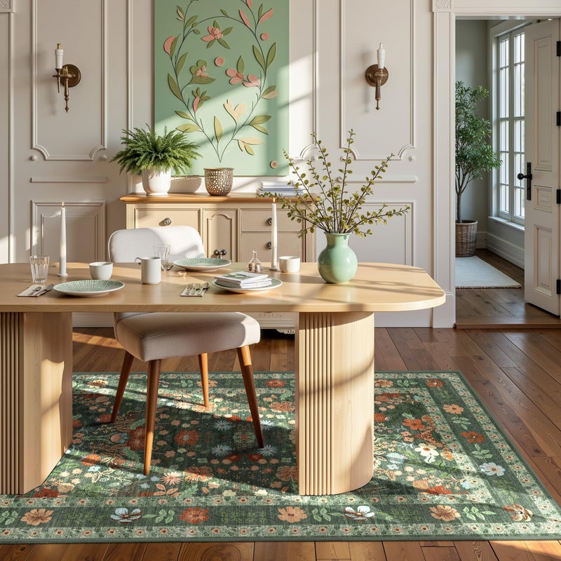 Deerly Green Floral Area Rugs 3x5 Small Thin Entryway Rug - Vintage Boho Washable Non-Slip Living Room Carpet Soft Low Pile Bedroom Floor Mat Indoor Home Decor for Dining Room Playroom Farmhouse, Green/Multi - Image 3