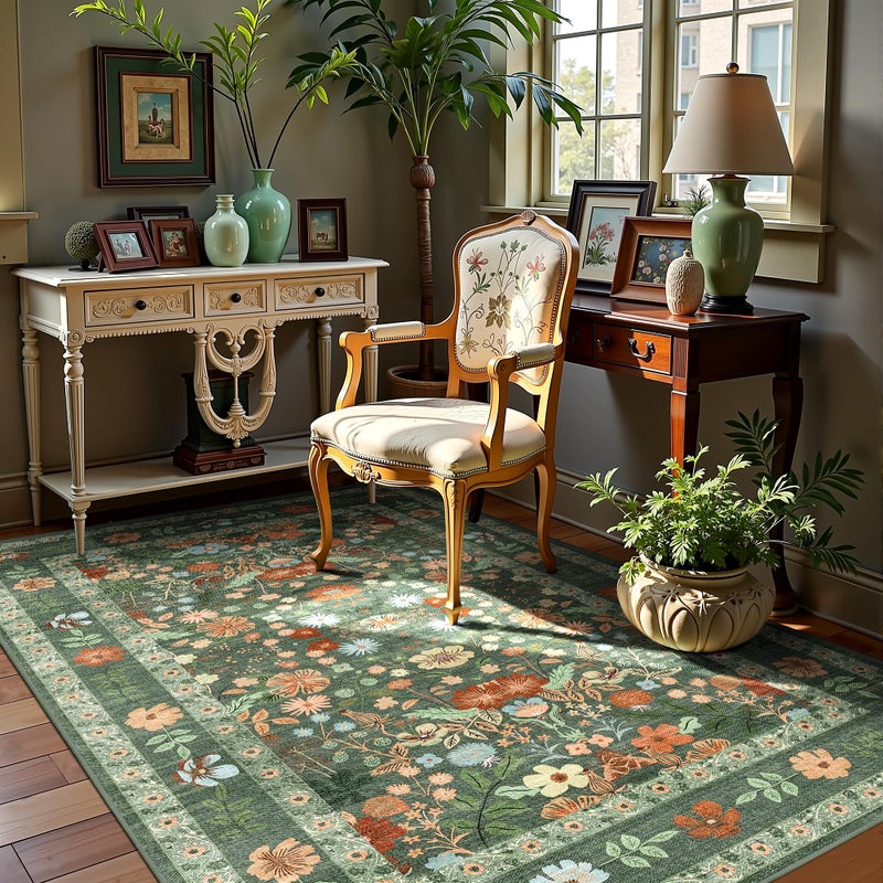 Deerly Green Floral Area Rugs 3x5 Small Thin Entryway Rug - Vintage Boho Washable Non-Slip Living Room Carpet Soft Low Pile Bedroom Floor Mat Indoor Home Decor for Dining Room Playroom Farmhouse, Green/Multi - Image 1