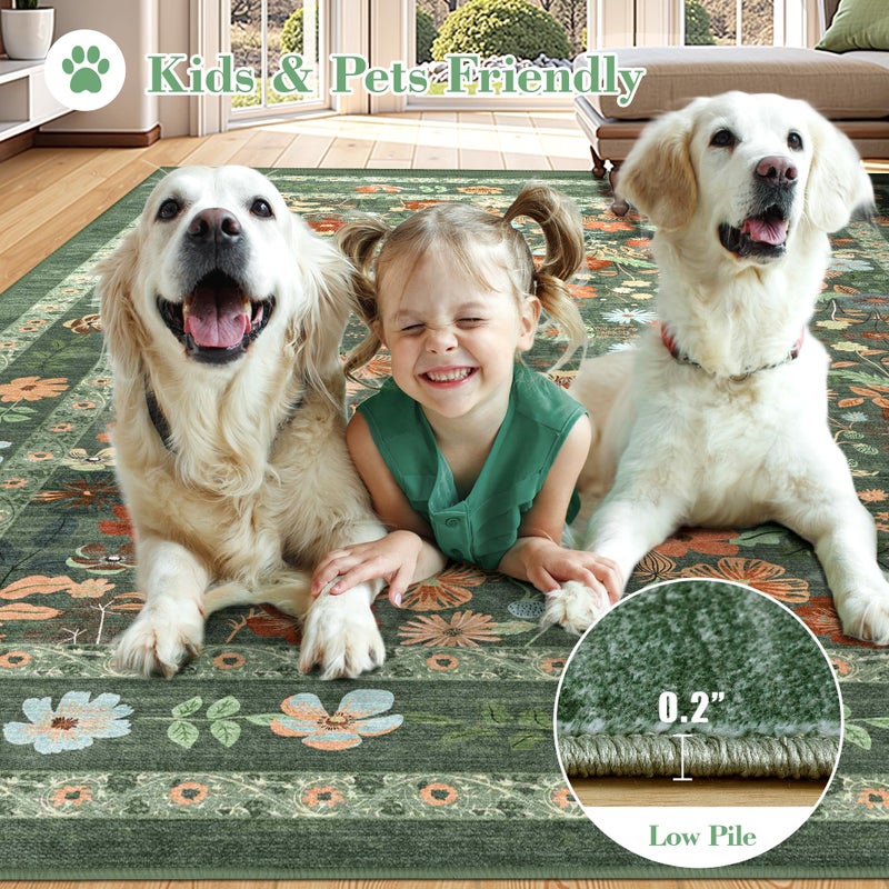 Deerly Green Floral Area Rugs 3x5 Small Thin Entryway Rug - Vintage Boho Washable Non-Slip Living Room Carpet Soft Low Pile Bedroom Floor Mat Indoor Home Decor for Dining Room Playroom Farmhouse, Green/Multi - Image 4