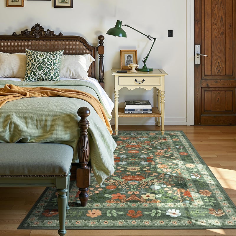 Deerly Green Floral Area Rugs 3x5 Small Thin Entryway Rug - Vintage Boho Washable Non-Slip Living Room Carpet Soft Low Pile Bedroom Floor Mat Indoor Home Decor for Dining Room Playroom Farmhouse, Green/Multi - Image 2