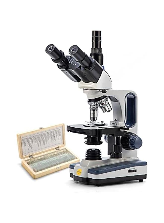 Arabest SW350T 40X-2500X Magnification, Siedentopf Head, Research-Grade Trinocular Compound Lab Microscope with Wide-Field 10X and 25X Eyepieces, with 50pcs Prepared Premade Microscope Slides Set  - Image 1