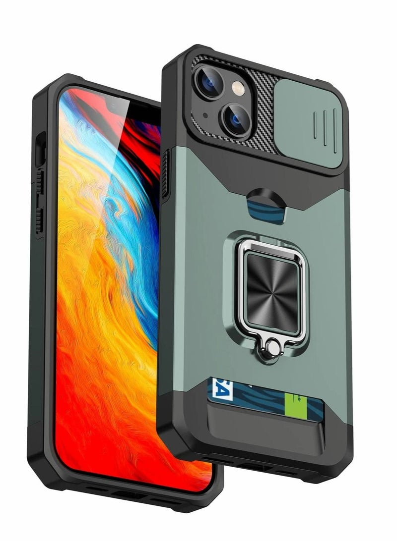 Captaintech Phone Case for iPhone 14 Plus 6.7 inch with Slide Camera Cover Card Holder Hard Ring Stand Hybrid Kickstand Cell Accessories for iPhone 14+ for iPhone14Plus 5G i14 + for iPhone14 14Plus, Green - Image 1