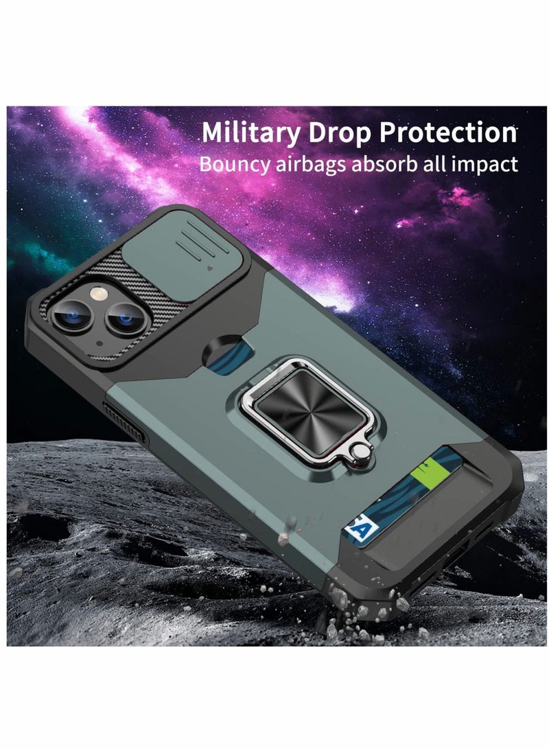 Captaintech Phone Case for iPhone 14 Plus 6.7 inch with Slide Camera Cover Card Holder Hard Ring Stand Hybrid Kickstand Cell Accessories for iPhone 14+ for iPhone14Plus 5G i14 + for iPhone14 14Plus, Green - Image 3