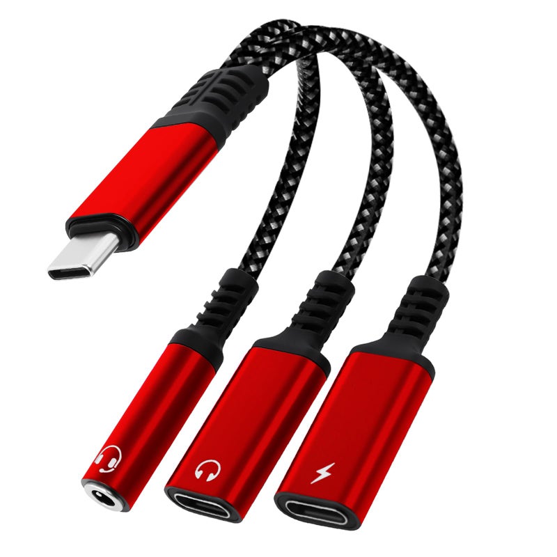 caojunzhen 1 in 3 USB C to Type-C Charging and Type-C Headphones Plus 3.5mm Headphones PD 60W Charging Adapter, Compatible with GalaxyS22, iPad Pro, Pixel, iPhone 16 15, etc.ï¼ˆredï¼‰ - Image 1