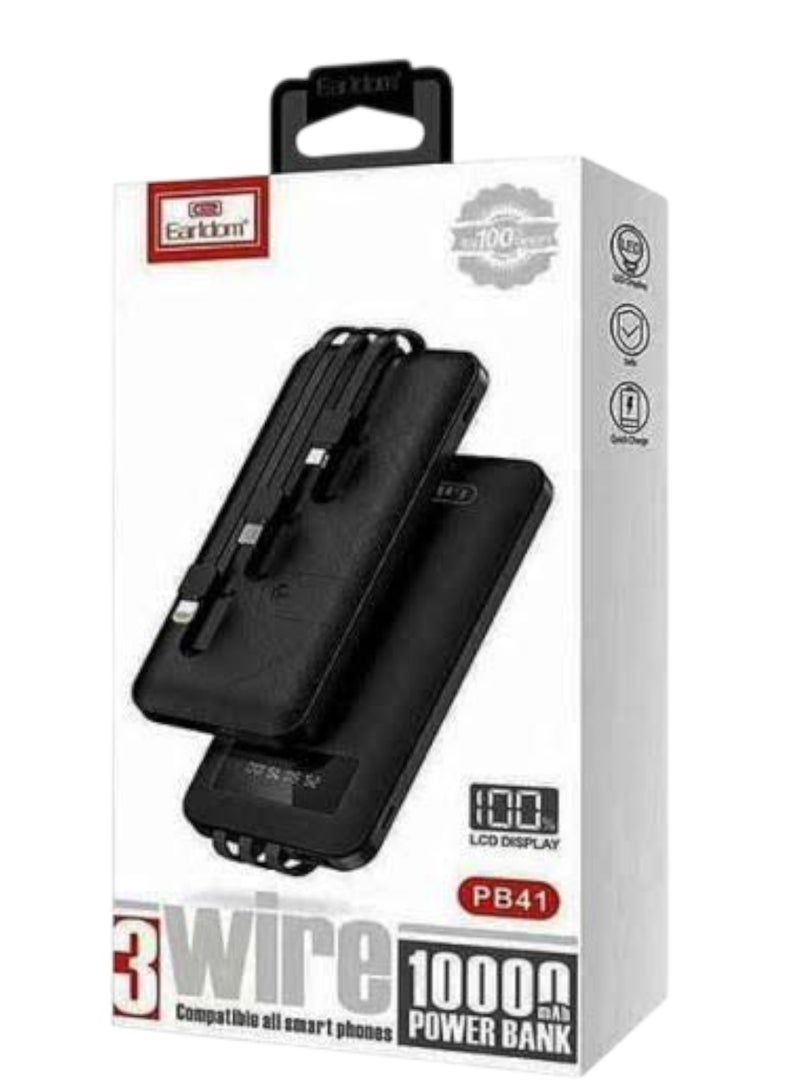 Earldom PB41 Power Bank with Built-in Charging Cable, 3-Way Type-C, Micro, and Lightning, and LCD Display, 10000.0 mAh, Black - Image 3