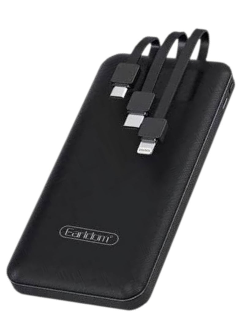 Earldom PB41 Power Bank with Built-in Charging Cable, 3-Way Type-C, Micro, and Lightning, and LCD Display, 10000.0 mAh, Black - Image 1