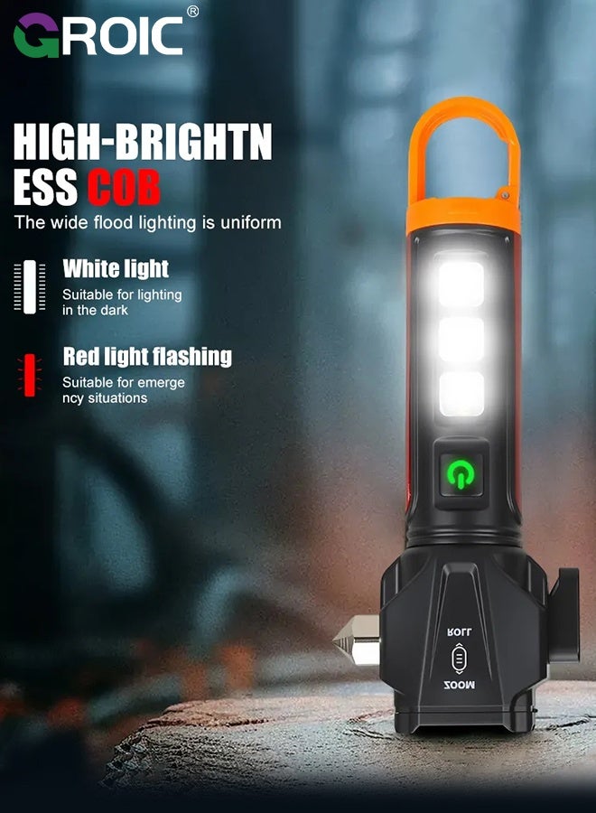 GROIC Multi-Functional LED Flashlight with Safety Hammer, Rechargeable Zoomable Torch with COB Side Light, Waterproof Emergency Flashlight for Outdoor, Camping and Car Use, Handheld Self Defense Torch - Image 3