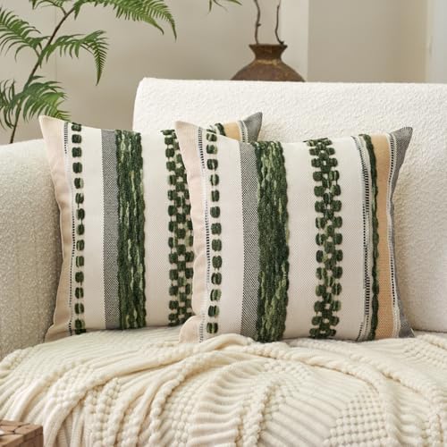 Aeckself Boho Throw Pillow Covers 18x18 Inch Set of 2, Farmhouse Decorative Striped Square Pillow Covers Chenille Tufted Pillow Cases Accent Neutral Pillowcase for Living Room Couch Bed, Dark Green - Image 1