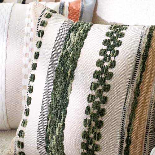Aeckself Boho Throw Pillow Covers 18x18 Inch Set of 2, Farmhouse Decorative Striped Square Pillow Covers Chenille Tufted Pillow Cases Accent Neutral Pillowcase for Living Room Couch Bed, Dark Green - Image 3