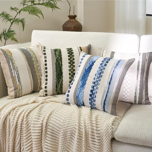 Aeckself Boho Throw Pillow Covers 18x18 Inch Set of 2, Farmhouse Decorative Striped Square Pillow Covers Chenille Tufted Pillow Cases Accent Neutral Pillowcase for Living Room Couch Bed, Dark Green - Image 4