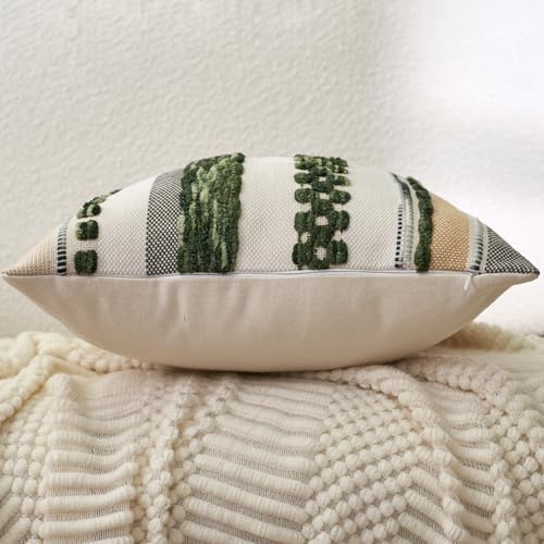 Aeckself Boho Throw Pillow Covers 18x18 Inch Set of 2, Farmhouse Decorative Striped Square Pillow Covers Chenille Tufted Pillow Cases Accent Neutral Pillowcase for Living Room Couch Bed, Dark Green - Image 2