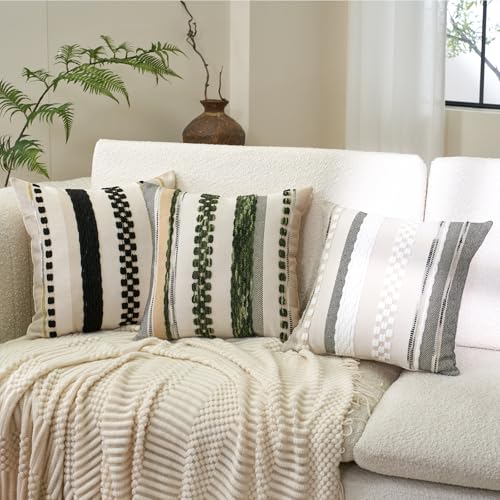 Aeckself Boho Throw Pillow Covers 18x18 Inch Set of 2, Farmhouse Decorative Striped Square Pillow Covers Chenille Tufted Pillow Cases Accent Neutral Pillowcase for Living Room Couch Bed, Dark Green - Image 5