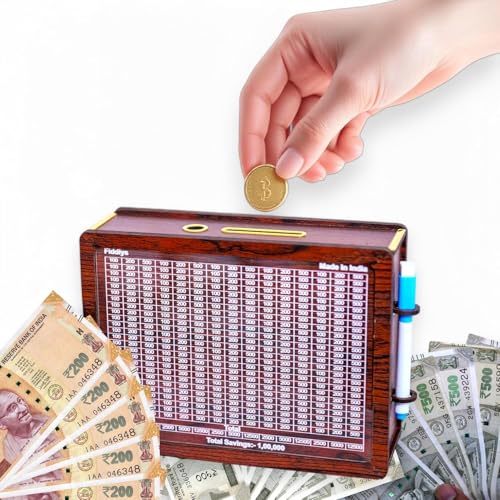 Fiddlys Wooden Money Piggy Bank for 2 3 4 5 6 Years Kids, Savings Challenge Box, Cashbox,Educational Gift for Kids (Pen Stand 1,00,000) - Image 1