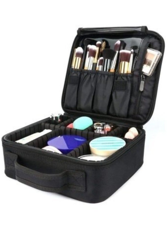 Portable Travel Makeup Bag Cosmetic Organizer with Adjustable Dividers Brushes Toiletry Jewelry Digital Accessories - Black - Image 4