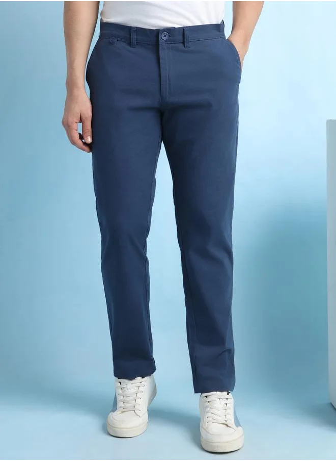 Dennis Lingo Timeless Denim Blue Straight Fit Chinos for Men with subtle coin pocket detailing, designed for a structured and comfortable fit with a solid finish.