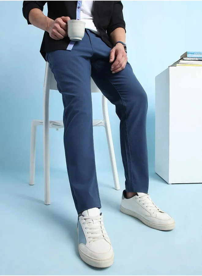 Dennis Lingo Timeless Denim Blue Straight Fit Chinos for Men with subtle coin pocket detailing, designed for a structured and comfortable fit with a solid finish.