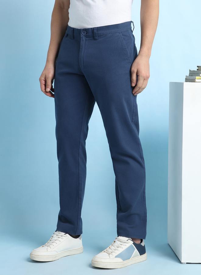 Dennis Lingo Men's Denim Blue 100% Cotton Solid Pattern Chinos Straight Fit Trouser  - Image 3