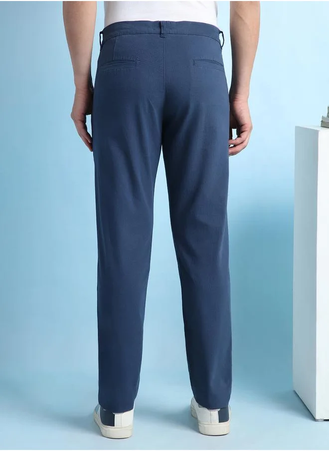 Dennis Lingo Timeless Denim Blue Straight Fit Chinos for Men with subtle coin pocket detailing, designed for a structured and comfortable fit with a solid finish.