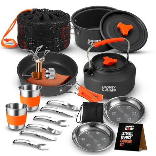 Smokey Camp 18 Pcs Smokey Camp Backpacking Cooking Set with Stove & Adapter - Pot, Pan, Kettle, Stove, Cutlery, Compact Camping Cookware Mess Kit, All in One Non-Stick Camping Cooking Set, Hiking, Picnic - Image 1