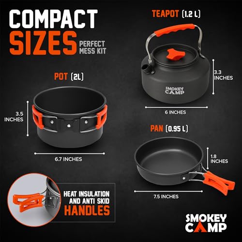 Smokey Camp 18 Pcs Smokey Camp Backpacking Cooking Set with Stove & Adapter - Pot, Pan, Kettle, Stove, Cutlery, Compact Camping Cookware Mess Kit, All in One Non-Stick Camping Cooking Set, Hiking, Picnic - Image 4