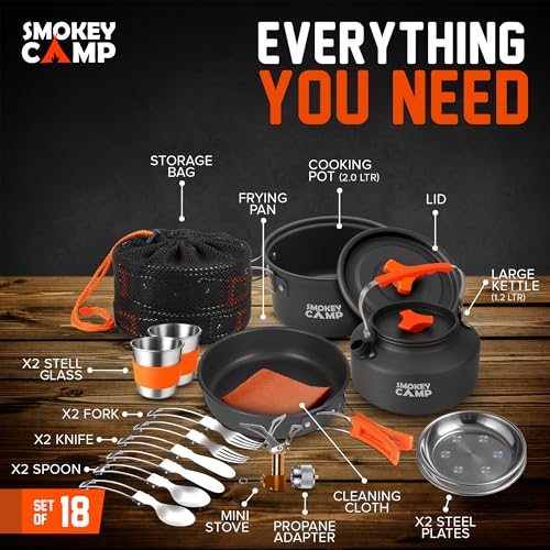 Smokey Camp 18 Pcs Smokey Camp Backpacking Cooking Set with Stove & Adapter - Pot, Pan, Kettle, Stove, Cutlery, Compact Camping Cookware Mess Kit, All in One Non-Stick Camping Cooking Set, Hiking, Picnic - Image 3
