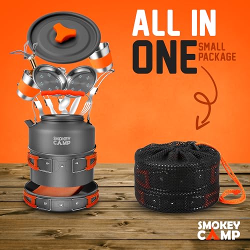 Smokey Camp 18 Pcs Smokey Camp Backpacking Cooking Set with Stove & Adapter - Pot, Pan, Kettle, Stove, Cutlery, Compact Camping Cookware Mess Kit, All in One Non-Stick Camping Cooking Set, Hiking, Picnic - Image 2