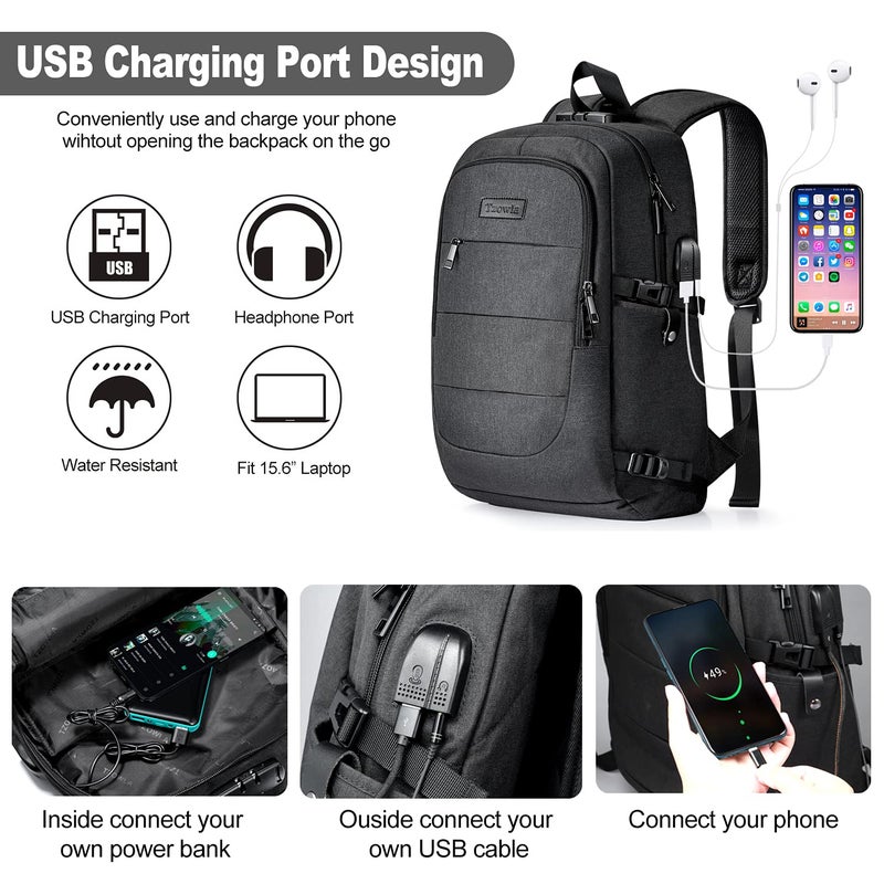 Tzowla Travel Laptop Backpack Water Resistant Anti-Theft Bag with USB Charging Port and Lock 15.6 Inch Computer Business Backpacks for Women Men Work College Gift,Casual Daypack - Image 2