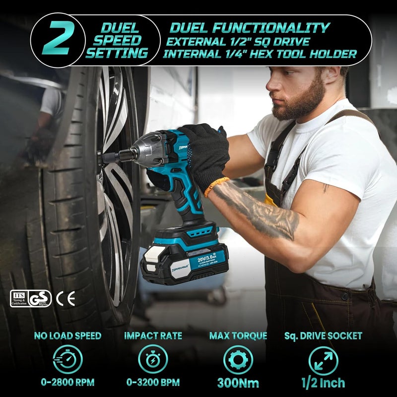Tomahawk مجموعة مفك الصدمات ® TSW-5300 - مفك صدمات Cl | سرعة بدون تحميل 3000 دورة في الدقيقة وعزم دوران أقصى 300 نيوتن متر | بطارية 20 فولت - 3.0 أمبير مع شحن عالي السرعة وسرعة قابلة للتعديل | - Image 2