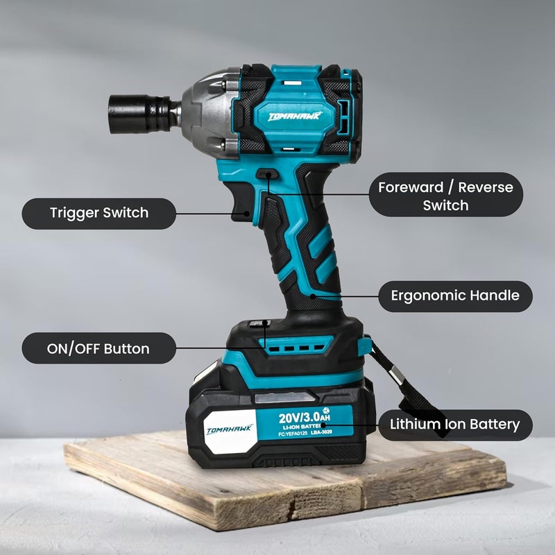 Tomahawk مجموعة مفك الصدمات ® TSW-5300 - مفك صدمات Cl | سرعة بدون تحميل 3000 دورة في الدقيقة وعزم دوران أقصى 300 نيوتن متر | بطارية 20 فولت - 3.0 أمبير مع شحن عالي السرعة وسرعة قابلة للتعديل | - Image 5