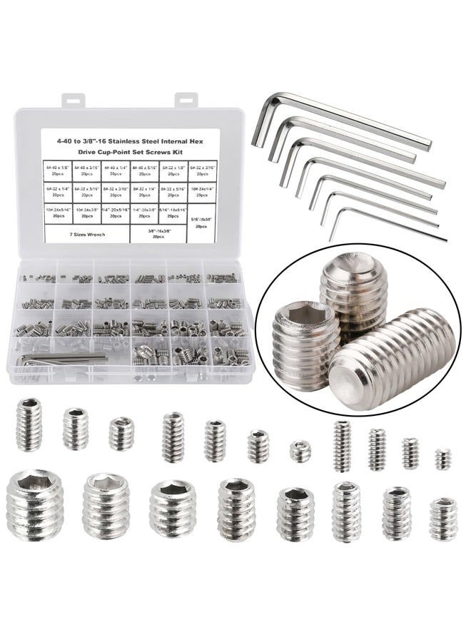 HanTof 380Pcs 19 Types Standard SAE #4-40 to 3/8"-16 UNC Allen Head Socket Hex Grub Set Screws,Internal Hex Drive Cup-Point Set Screw Bolts Assortment Kit with 7pcs Hex Wrenches,304 Stainless Steel - Image 1