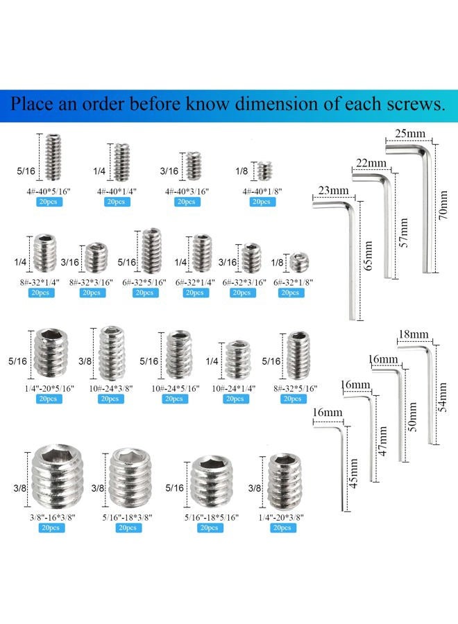 HanTof 380Pcs 19 Types Standard SAE #4-40 to 3/8"-16 UNC Allen Head Socket Hex Grub Set Screws,Internal Hex Drive Cup-Point Set Screw Bolts Assortment Kit with 7pcs Hex Wrenches,304 Stainless Steel - Image 5
