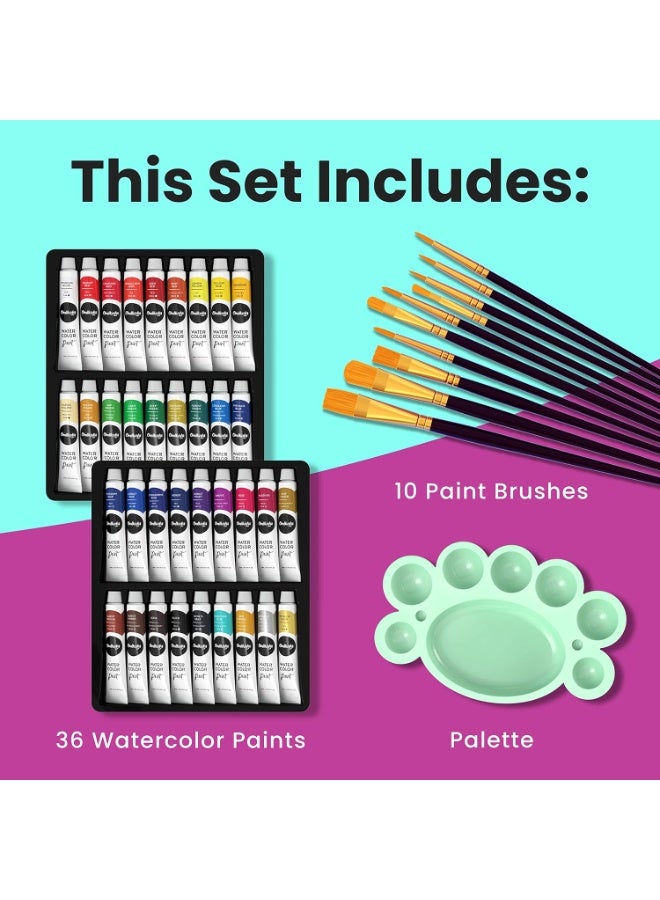 Chalkola Watercolor Paint Set for Adults, Kids, Beginner & Professional Artists - 36 Watercolor Tubes Set (12ml, 0.4oz), 10 Painting Brushes & 1 Palette | Vibrant Water Color Art Painting Supplies - Image 2