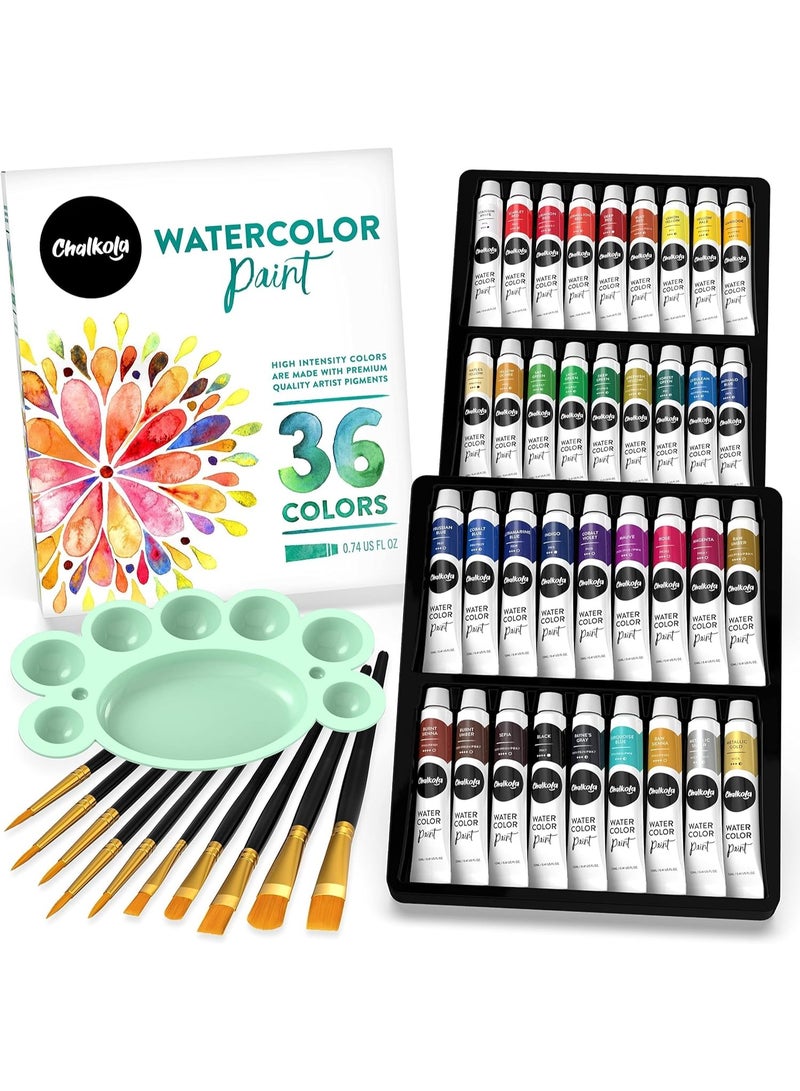 Chalkola Watercolor Paint Set for Adults, Kids, Beginner & Professional Artists - 36 Watercolor Tubes Set (12ml, 0.4oz), 10 Painting Brushes & 1 Palette | Vibrant Water Color Art Painting Supplies - Image 1