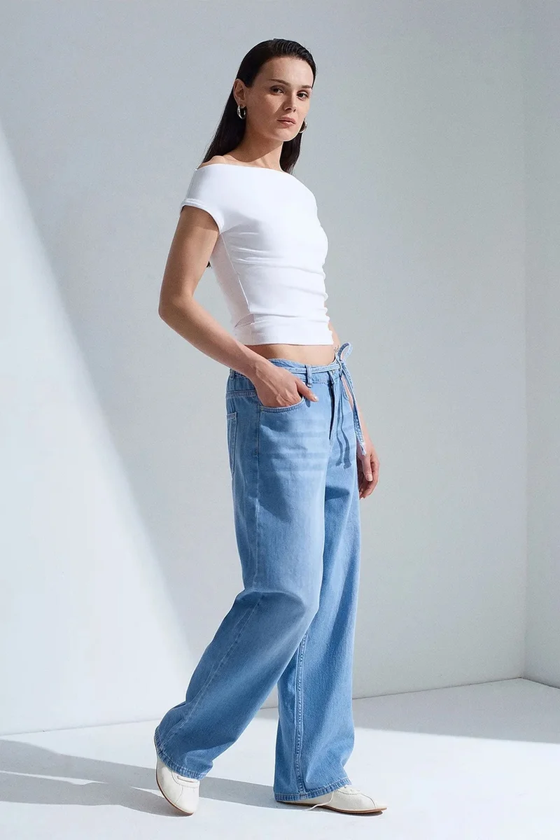 Dilvin Light-Mid Blue Denim DILVIN High-Waist Wide-Leg Cotton Denim Jeans for Women | Best Price UAE