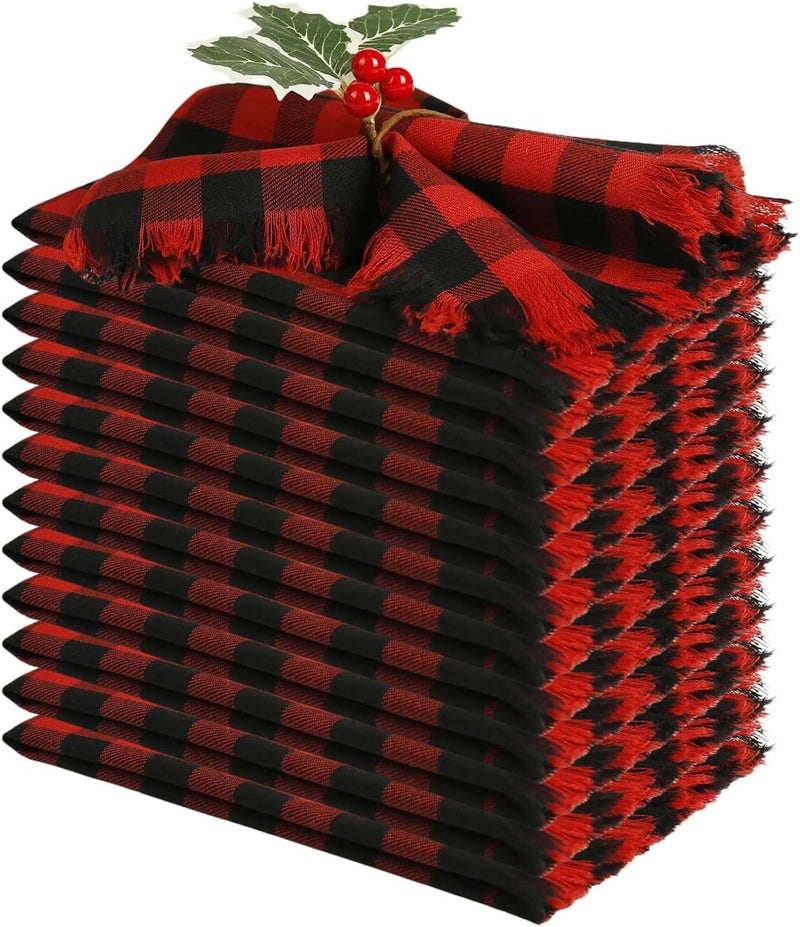 LogHog Handmade Dinner Napkins Buffalo Checks Napkins with Fringe Set of 12 17X17 Inches RedBlack 100 Cotton Soft Cloth Napkins Washable for ChristmasHowlleen Dinner Table Decor - Image 1