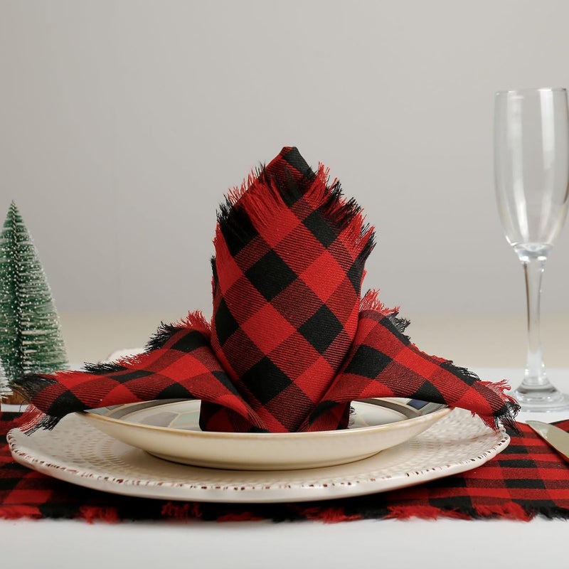 LogHog Handmade Dinner Napkins Buffalo Checks Napkins with Fringe Set of 12 17X17 Inches RedBlack 100 Cotton Soft Cloth Napkins Washable for ChristmasHowlleen Dinner Table Decor - Image 5