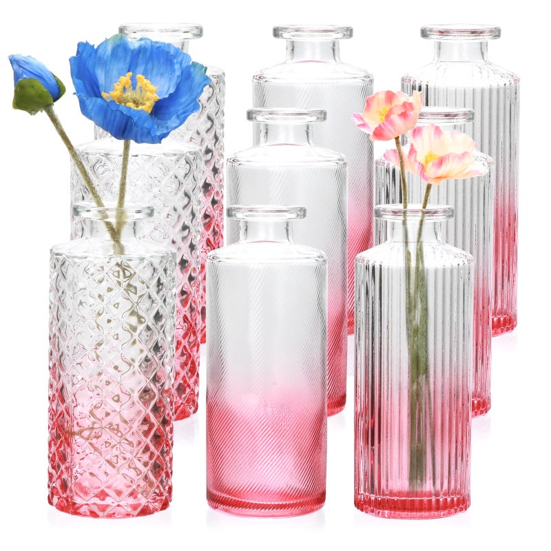 Brajttt Glass Bud Vase Set in Bulk  9pcs Mini Vintage Flower Vases for Wedding Pink Relief Vase for Centerpieces Home Table Flower Decor  Party Decorations - Image 1