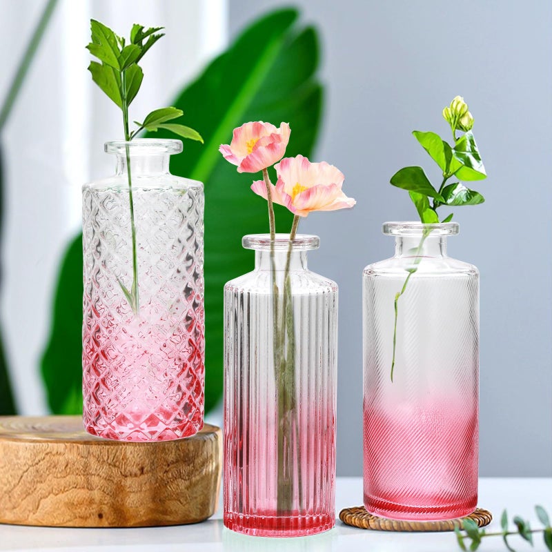 Brajttt Glass Bud Vase Set in Bulk  9pcs Mini Vintage Flower Vases for Wedding Pink Relief Vase for Centerpieces Home Table Flower Decor  Party Decorations - Image 4