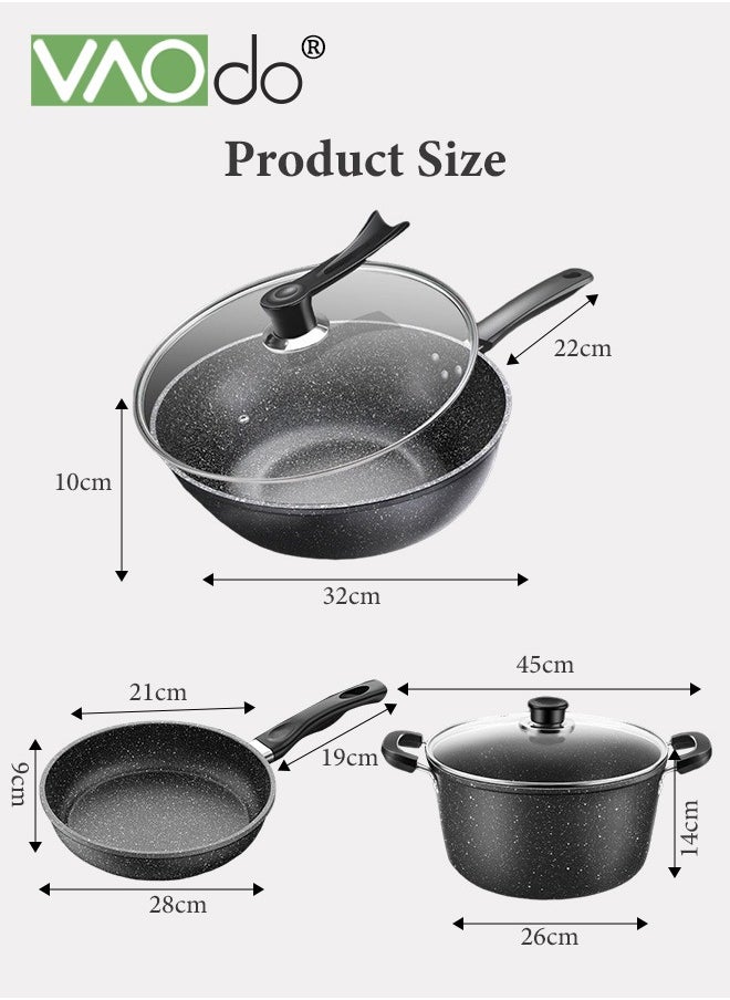 VAOdo - 3PCS Non Stick Saucepan Set Common to All Stoves Anti-Scalding Handle Fast Heat Conduction Cookware 21cm Fry Pan 32cm Wok Pan 26cm Sauce Pan - Image 1