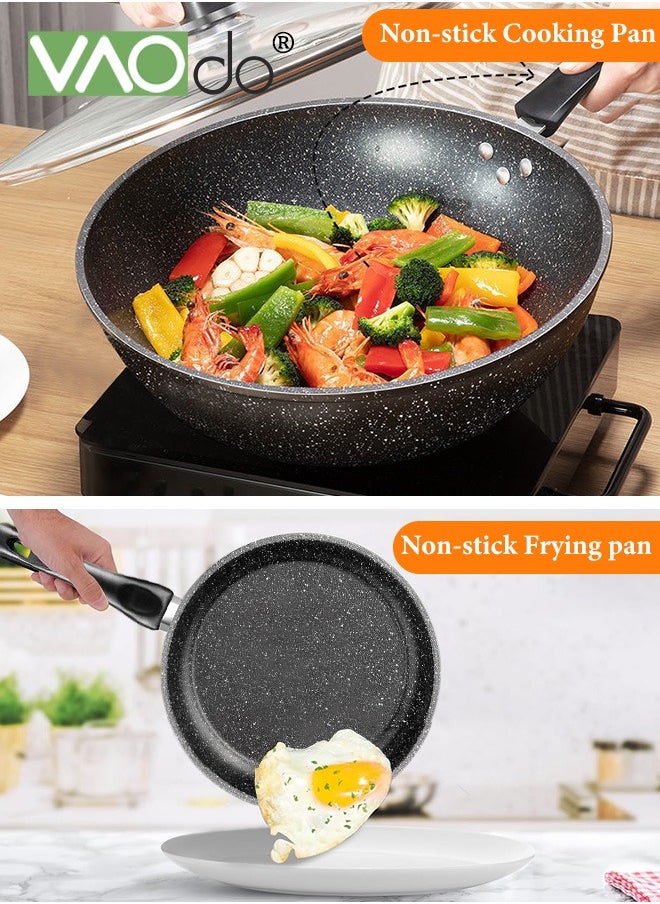 VAOdo - 3PCS Non Stick Saucepan Set Common to All Stoves Anti-Scalding Handle Fast Heat Conduction Cookware 21cm Fry Pan 32cm Wok Pan 26cm Sauce Pan - Image 1