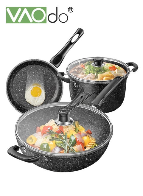 3PCS Non Stick Saucepan Set Common to All Stoves Anti-Scalding Handle Fast Heat Conduction Cookware 21cm Fry Pan 32cm Wok Pan 26cm Sauce Pan