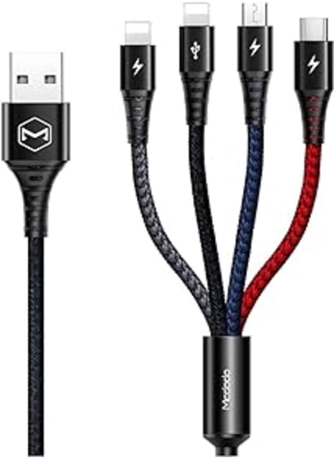 Mcdodo mcdodo 4 in 1 LED Multi Charger Cable Nylon Braided Universal Multiple USB Charging Cord Adapter iOS/Type-C/Micro Compatible with Cell Phones Tablets and More(Charging Only) (4FT/1.2M, 4 in 1) 