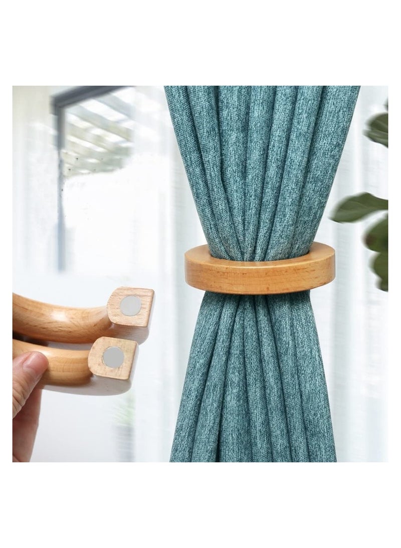 SOLARAE 1 Pair Natural Wooden Curtain Tiebacks, Modern Classic Magnetic Curtain Holder Buckle Clips Holdback, Round Wood Furniture Accessoires for Windows Room Curtains - Image 1