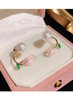 A.M 1 Pair Pink Tulip Flower Faux Pearl Decor Stud Earrings For Girls, Cute Exquisite Earrings For Party Jewelry Gift  - Image 1