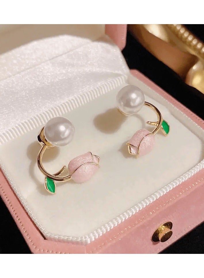 A.M 1 Pair Pink Tulip Flower Faux Pearl Decor Stud Earrings For Girls, Cute Exquisite Earrings For Party Jewelry Gift - Image 1