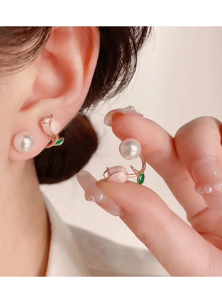 A.M 1 Pair Pink Tulip Flower Faux Pearl Decor Stud Earrings For Girls, Cute Exquisite Earrings For Party Jewelry Gift - Image 2