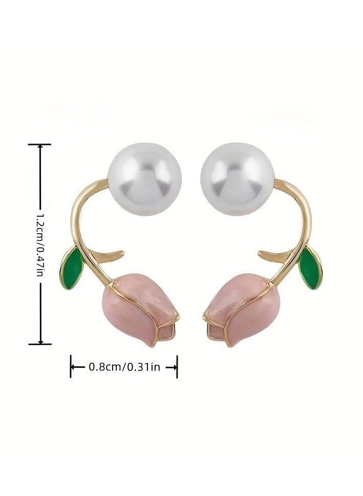 A.M 1 Pair Pink Tulip Flower Faux Pearl Decor Stud Earrings For Girls, Cute Exquisite Earrings For Party Jewelry Gift - Image 4