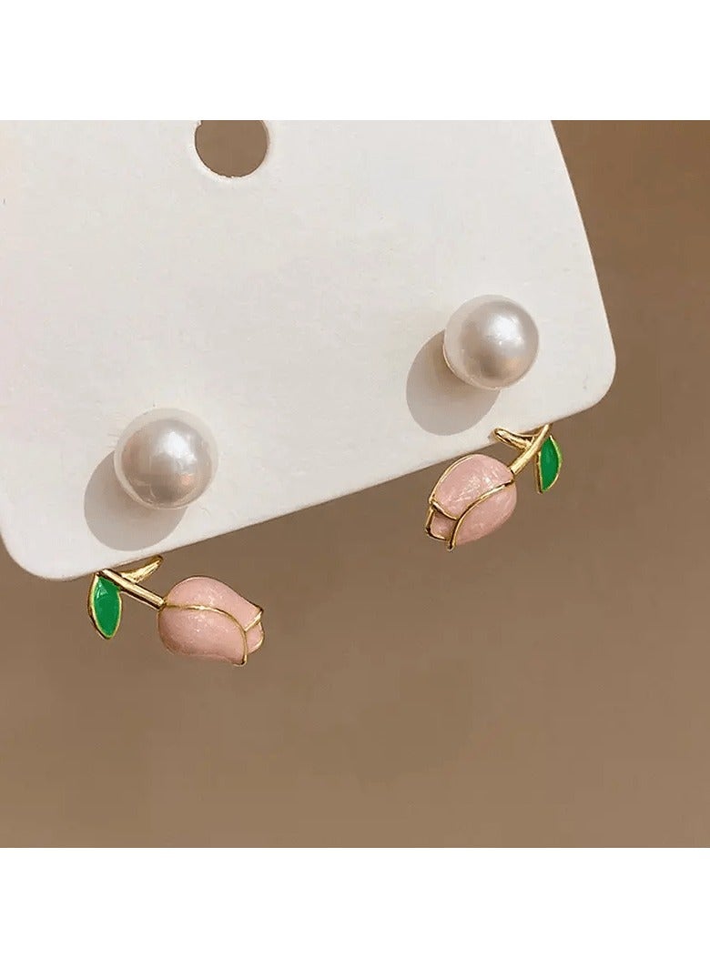 A.M 1 Pair Pink Tulip Flower Faux Pearl Decor Stud Earrings For Girls, Cute Exquisite Earrings For Party Jewelry Gift - Image 5
