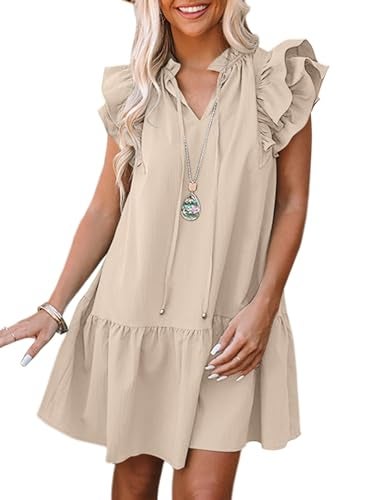 Dokotoo Spring Summer Dresses for Women 2025 Sleeveless V-Neck Ruffle Pockets Lightweight Swing Tunic Dress Solid Mini Short Dress Casual A-Line Swing Sun Dress Beach Vacation Clothes Beige Large - Image 5
